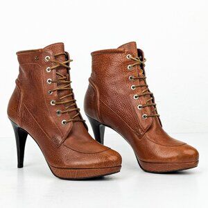 Sportmax Women Brown Grain Leather Lace-up Granny Heel Ankle Boots 8.5US EUR39